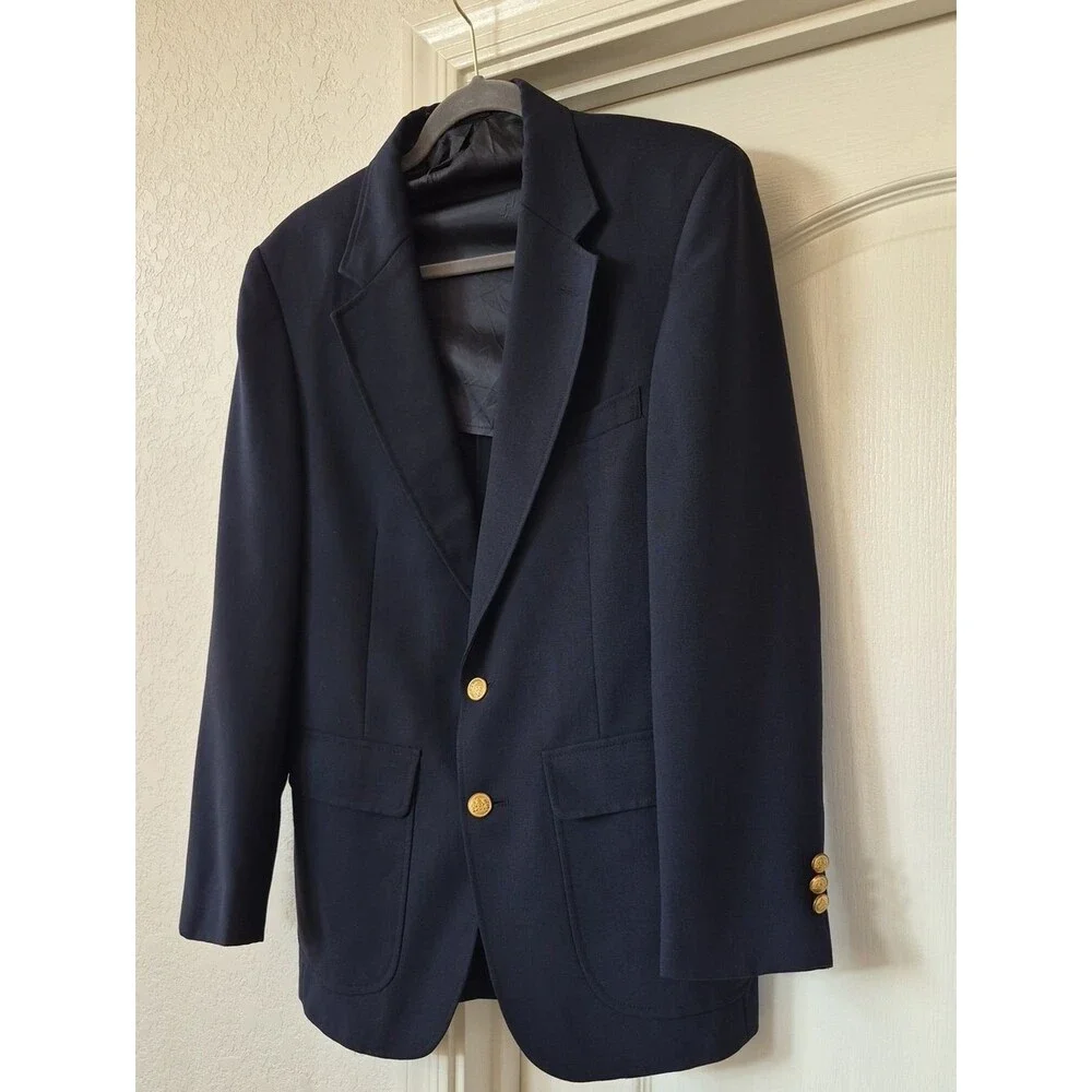 Stafford Vtg. Wool Smooth Blazer with Gold Medallion Buttons Size 40 R